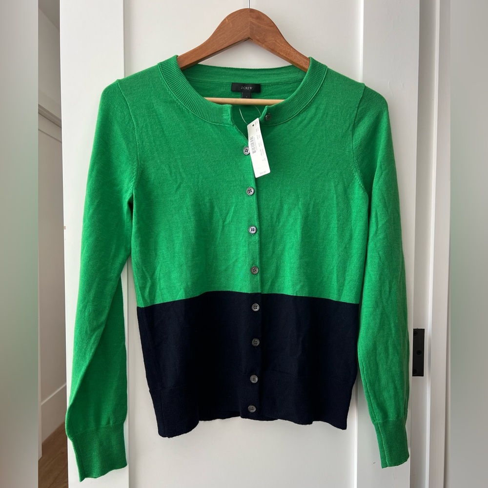 J.Crew Merino Wool Cardigan in Green and Navy Blue, Size Small, NWT